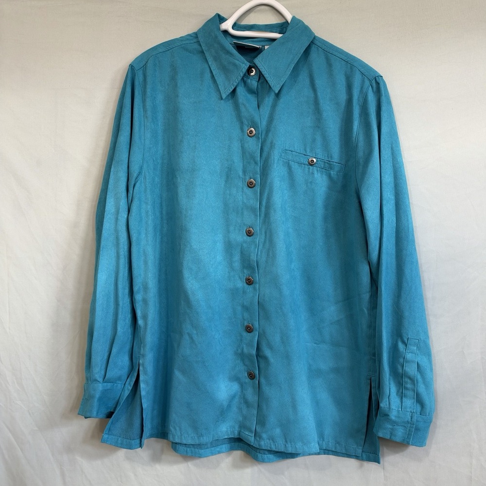 Chicos Design Womens 1 M Teal Faux Suede Snap Button Front Shirt Vintage